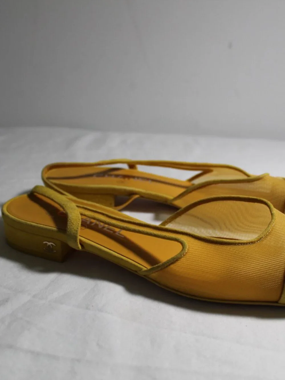 Chanel Yellow Slingback Ballet Flats Pumps Two Tone CC Suede Mesh 38